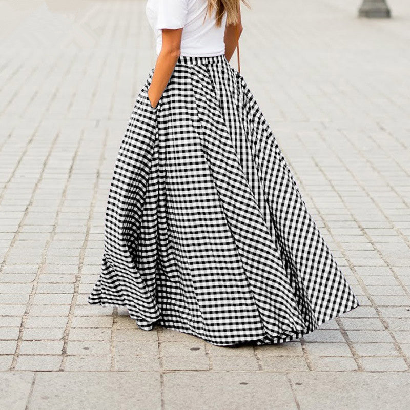 Jupe Longue à Carreaux en Polyester avec Poches