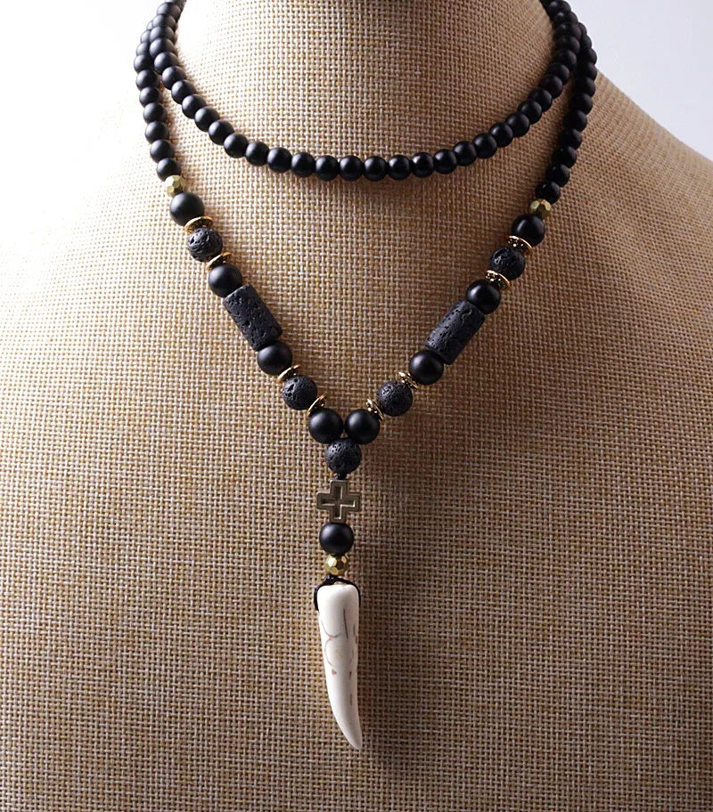 Nouveau Collier pour Hommes avec Perles en Pierre de Lave Noire