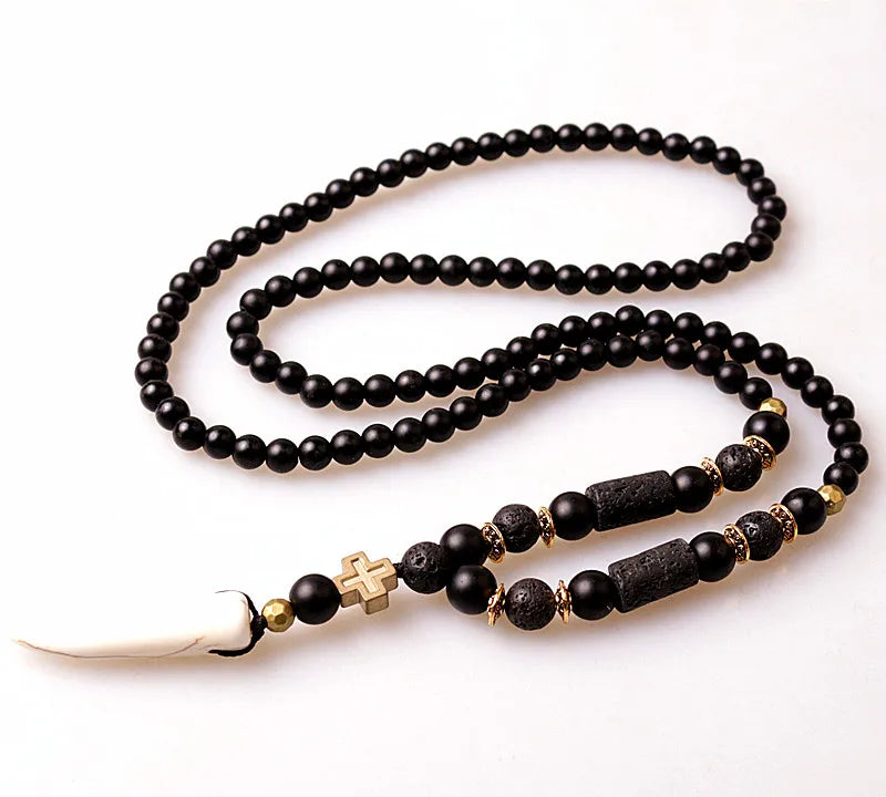 Nouveau Collier pour Hommes avec Perles en Pierre de Lave Noire