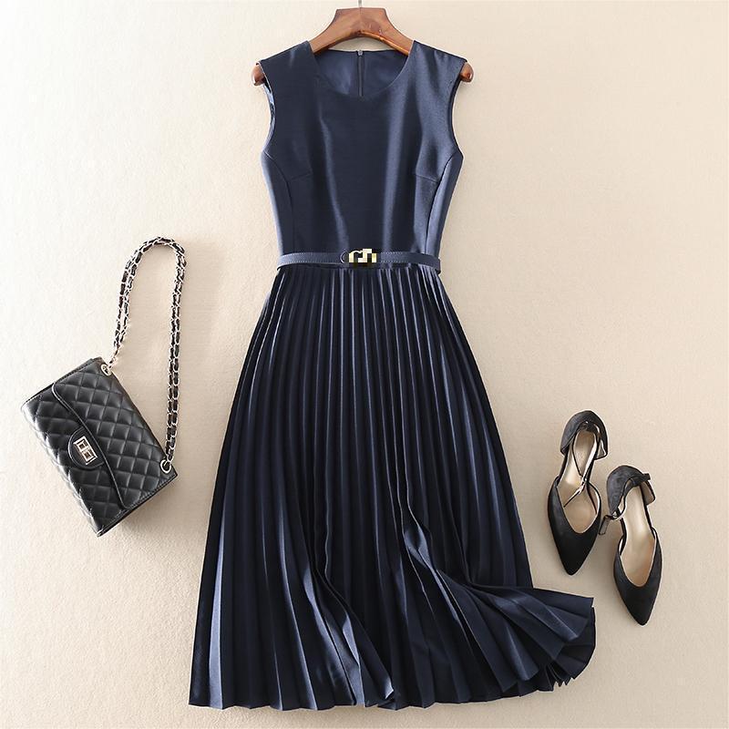 Mid-length High Waist Slimming Pleated Skirt Women's 2021 Spring and Summer New Women's European and American Sleeveless Dress OP9388