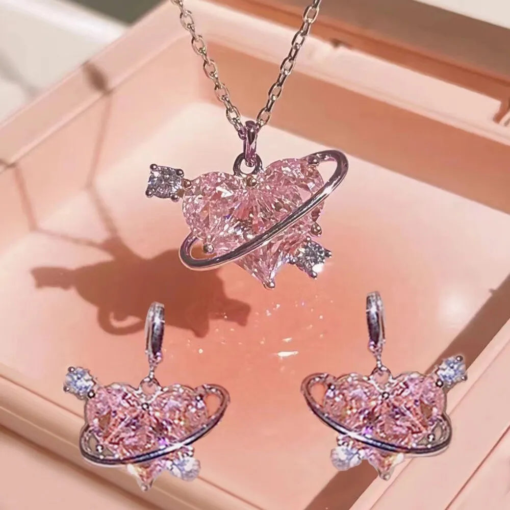 Ensemble Collier et Boucles d'Oreilles Cœur en Cristal Rose