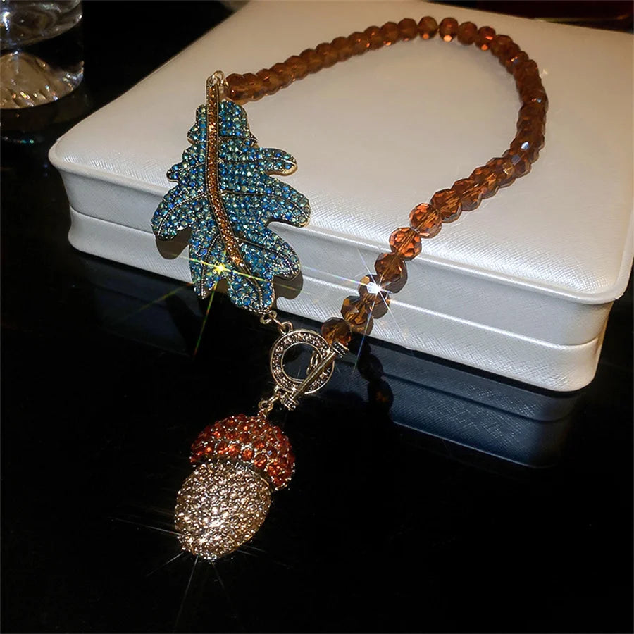 FYUAN Vintage Leaf Crystal Necklaces for Women Geometric Rhinestones Pinecones Pendant Necklaces Party Jewelry