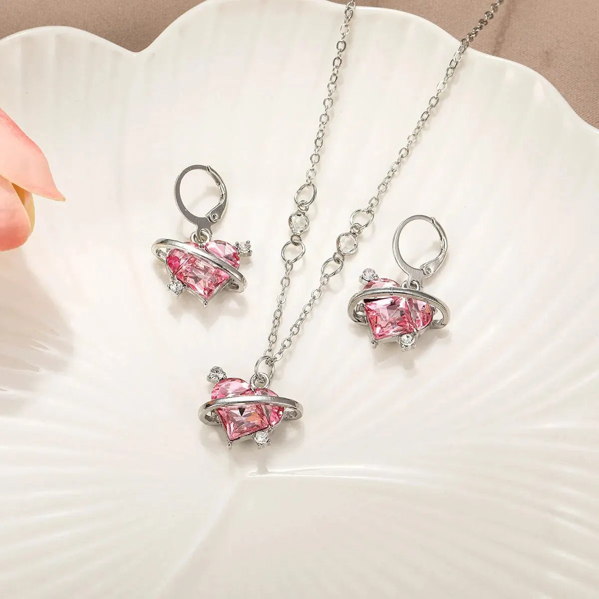 Ensemble Collier et Boucles d'Oreilles Cœur en Cristal Rose