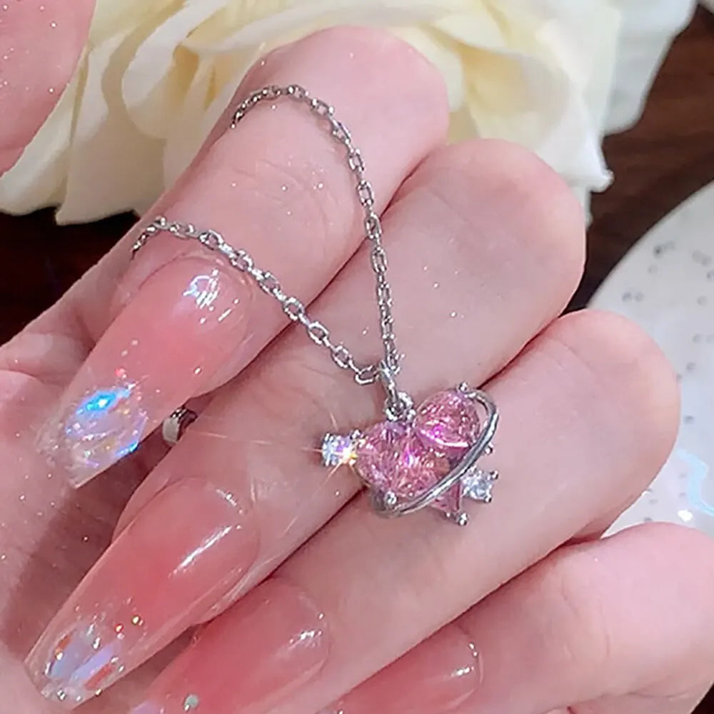 Ensemble Collier et Boucles d'Oreilles Cœur en Cristal Rose