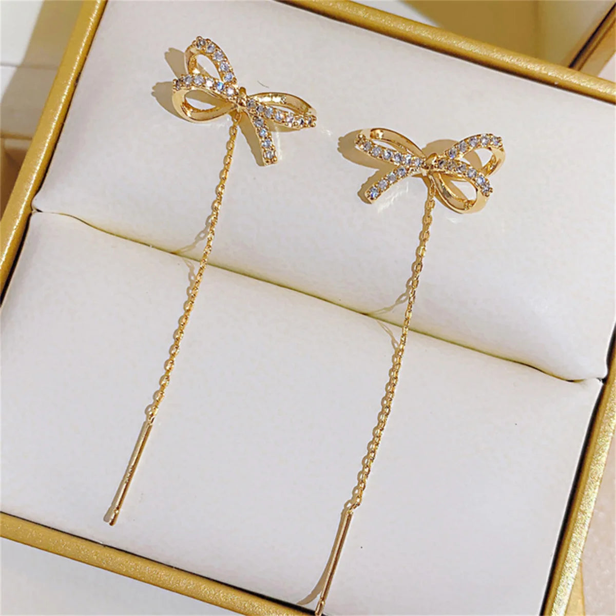 Korean Trendy Bow Crystal Drop Earrings For Women 2023 Luxury Sparkling Cubic Zirconia Long Tassel Earrings High Jewelry Gifts