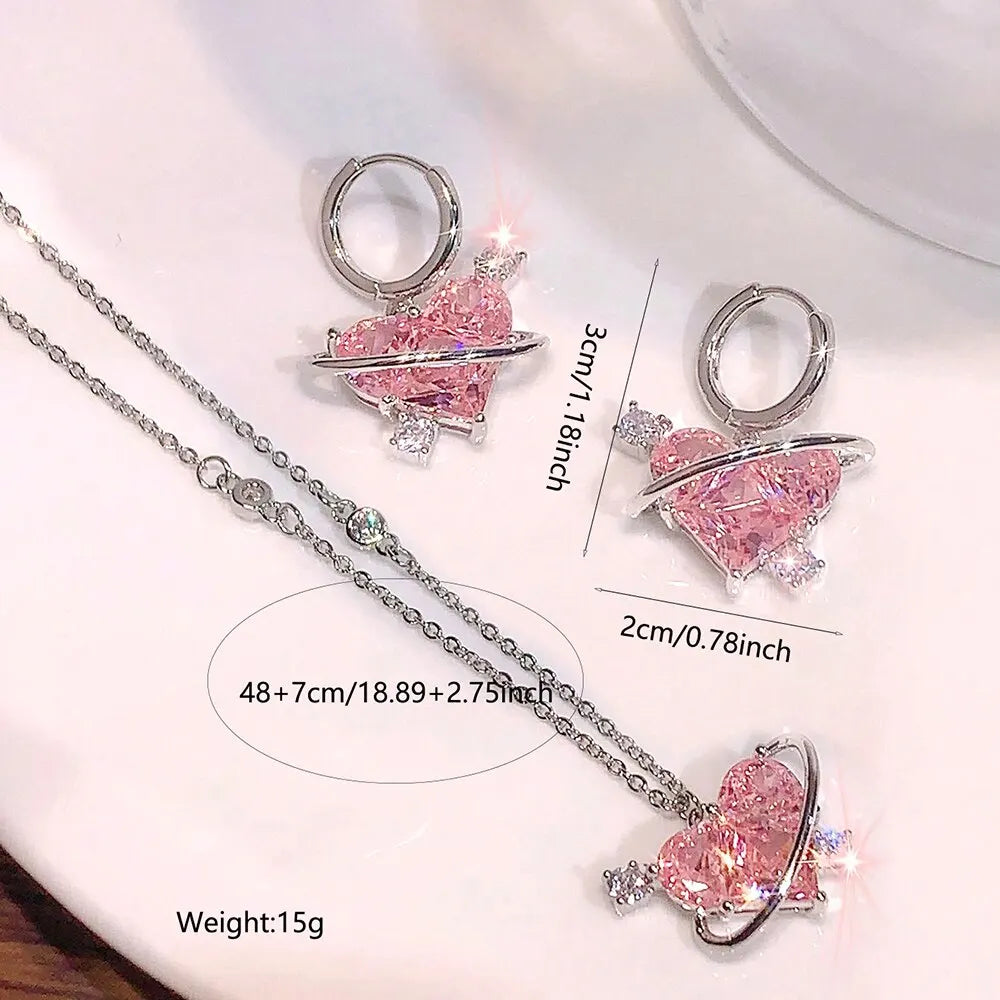 Ensemble Collier et Boucles d'Oreilles Cœur en Cristal Rose