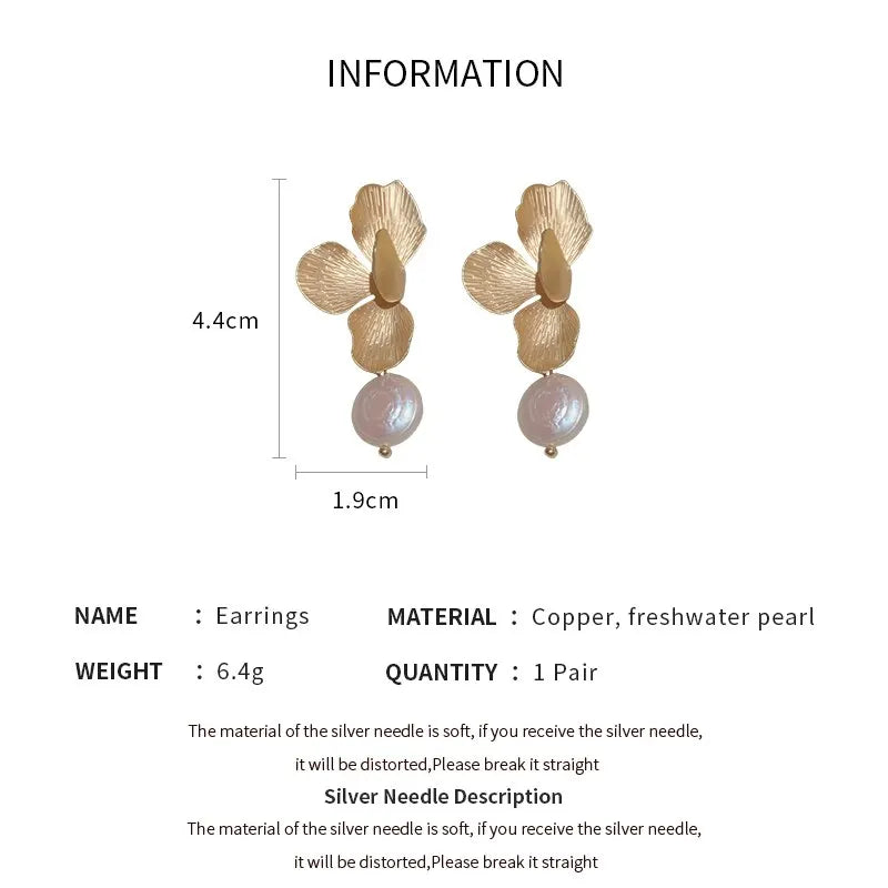 Elegant Natural Freshwater Pearls Earrings For Women Vintage Golden Petals Flower Drop Earring Jewelry For Party Wedding