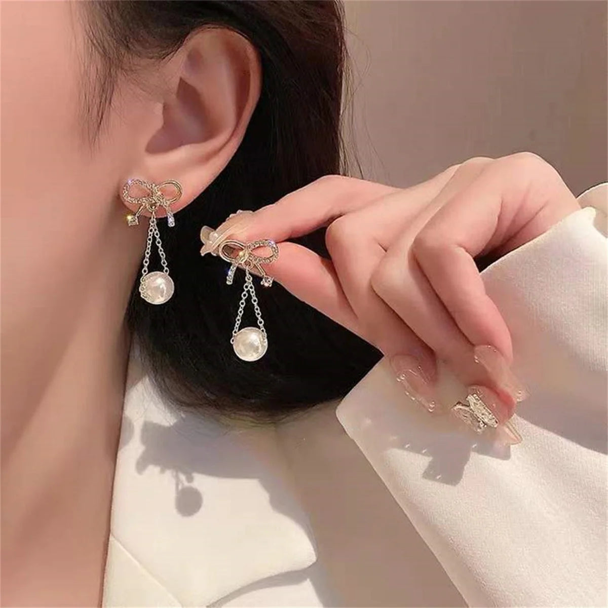 Korean Trendy Bow Crystal Drop Earrings For Women 2023 Luxury Sparkling Cubic Zirconia Long Tassel Earrings High Jewelry Gifts