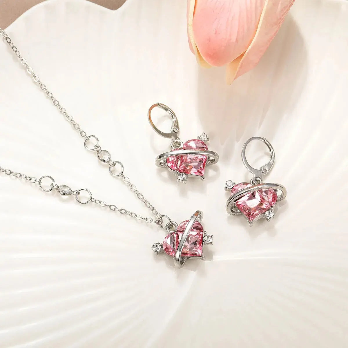 Ensemble Collier et Boucles d'Oreilles Cœur en Cristal Rose