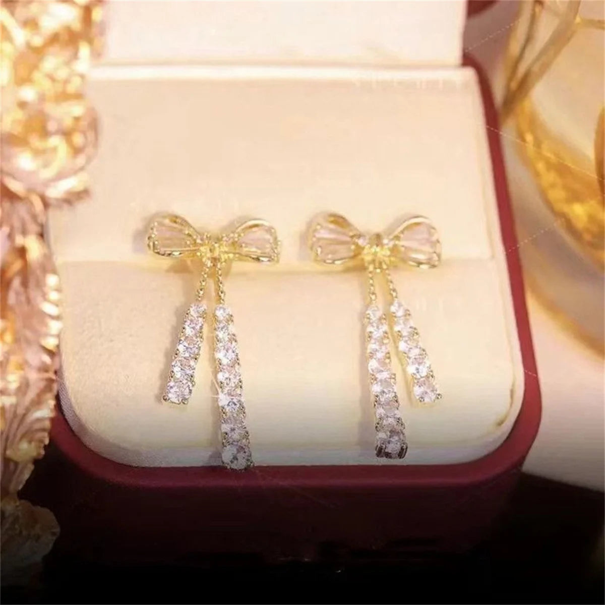 Korean Trendy Bow Crystal Drop Earrings For Women 2023 Luxury Sparkling Cubic Zirconia Long Tassel Earrings High Jewelry Gifts