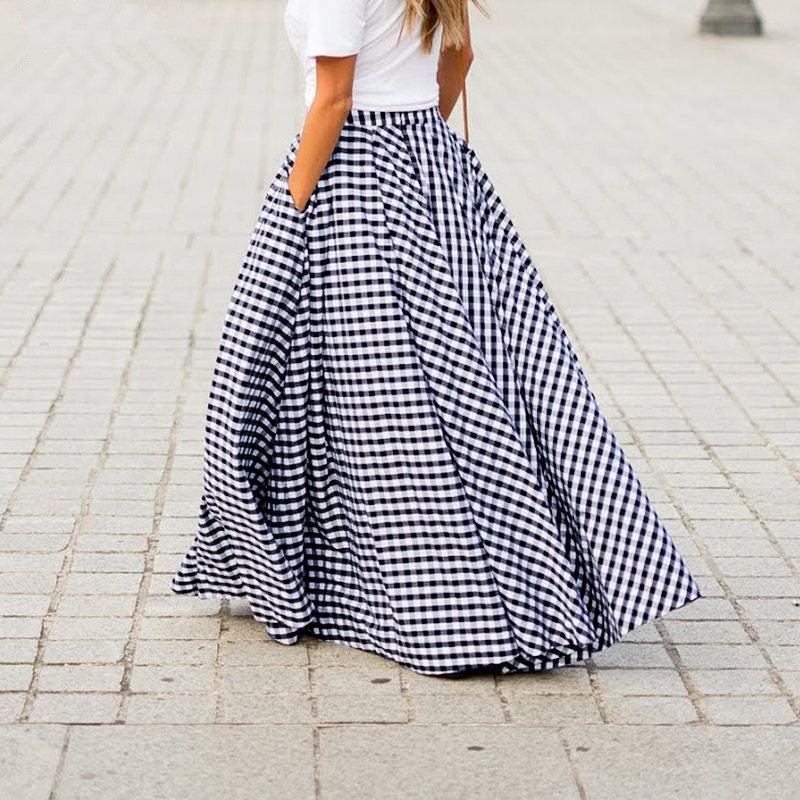 Jupe Longue à Carreaux en Polyester avec Poches