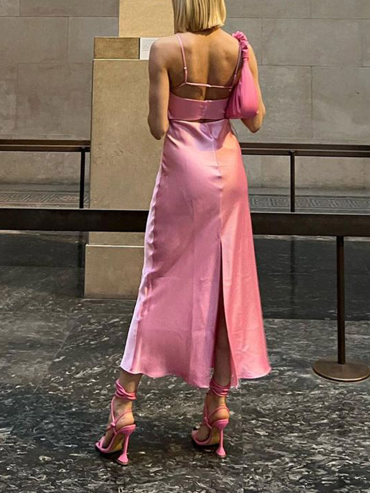 Robe en Satin Rose sans Manches